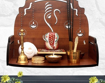 Wall Mounted Wooden Home / Pooja Temple / Ganesh Diya Beautiful Wooden Pooja Stand for Home / Pooja Mandir Shelf