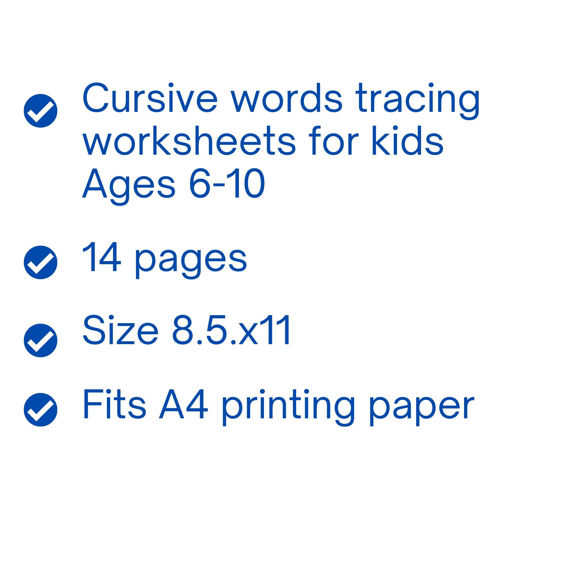 Cursive words tracing worksheets for kids ages 6 10 8 5x11 etsy