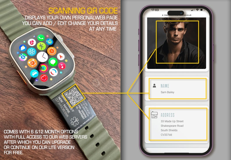 Etiqueta de alerta médica con código QR para Apple Watch: Identificación de emergencia de acero inoxidable imagen 9