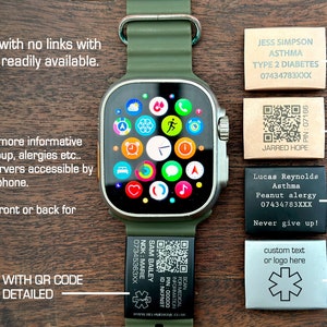 Etiqueta de alerta médica con código QR para Apple Watch: Identificación de emergencia de acero inoxidable imagen 1