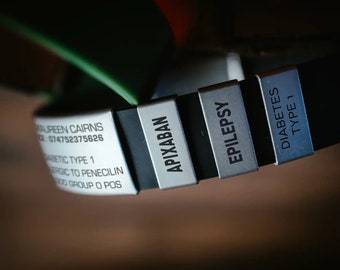 Etiqueta médica personalizada, Fitbit, Garmin, contacto de emergencia, Alzheimer, diabetes, afasia, demencia, pulsera médica