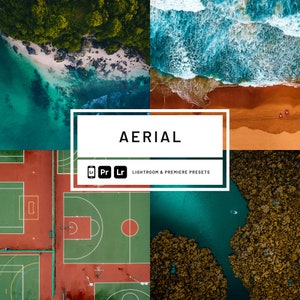 May include: A collage of aerial photographs featuring a beach, ocean waves, a basketball court, a forest, and a body of water. The text "AERIAL" and "LIGHTROOM & PREMIERE PRESETS" is displayed in the center of the image.