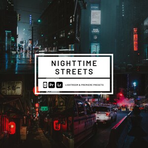 Peut inclure: Un ensemble de préréglages Lightroom et Premiere Pro pour l'édition de photos de rue nocturnes. Les préréglages sont conçus pour améliorer les couleurs, le contraste et l'ambiance de vos photos, leur donnant un aspect cinématographique. L'image montre une scène de rue sombre et pluvieuse avec des néons et une voiture de police.