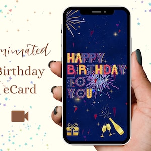 Digitale Animierte Geburtstagskarte | Digitale Geburtstagskarte, Digitale Geburtstagskarte, Elektronische Grußkarte, Feuerwerk, Geschenk, Sekt, Weingläser
