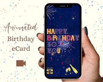 Digitale geanimeerde verjaardagskaart | Digitale Video Verjaardag eCard, Instant Elektronische Wenskaart, vuurwerk, aanwezig, champagne, wijnglazen