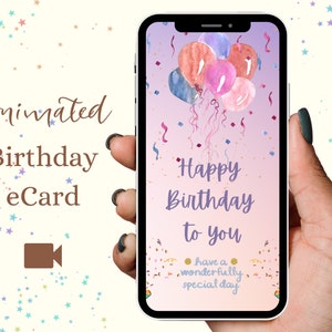 Carte d’anniversaire animée numérique pastel | Carte électronique d’anniversaire vidéo numérique, carte de vœux électronique instantanée, ballons, fête, banderoles, poppers