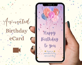 Pastel Digitale Geanimeerde Verjaardagskaart | Digitale Video Verjaardag eCard, Instant Elektronische Wenskaart, ballonnen, feest, streamers, poppers