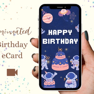 Carte d’anniversaire animée numérique sur le thème de l’espace pour enfants | Carte électronique d’anniversaire vidéo numérique, carte de vœux électronique instantanée, gâteau, bougie