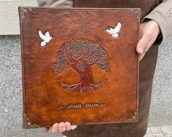 Leather photo album, large family album, embossed with Tree of Life