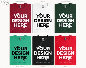May include: Mockup of six t-shirts in different colors, including cardinal red, white, forest green, kelly green, black, and red. Each shirt has the text "Your Design Here" printed on the front.