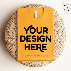 HEATHER GOLD Bella Canvas 3001 Folded Mockup, Boho Flat Lay Tshirt Mock-up, Bella Canvas 3001cvc Folded T-shirt Flatlay, POD Tee Mocks