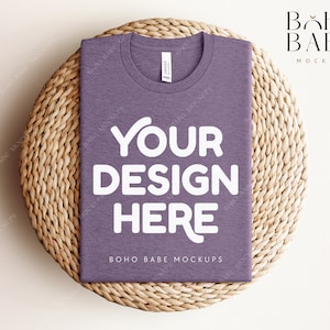HEATHER PURPLE Bella Canvas 3001 cvc Folded Mockup, Boho Flat Lay Tshirt Mock-up, Bella Canvas Folded Flatlay Mockup, Pod T-shirt Mock