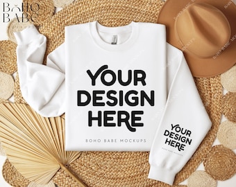 WHITE Gildan 18000 Sleeve Sweatshirt Mockup | Left Cuff Print Mockup, Pocket Design Mock, Folded Crewneck Sweater Photo, POD Boho Flat Lay