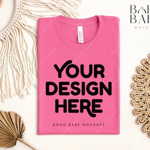 CHARITY PINK Bella Canvas 3001 Folded Mockup, Boho Flat Lay Tshirt Mock-up, Bella and Canvas Folded T-shirt Flatlay Mockup, POD Tee Photo