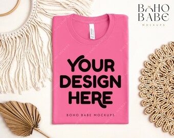 CHARITY PINK Bella Canvas 3001 Folded Mockup, Boho Flat Lay Tshirt Mock-up, Bella and Canvas Folded T-shirt Flatlay Mockup, POD Tee Photo
