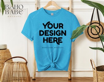 HEATHER SAPPHIRE Gildan 64000 Mockup, Gildan Softstyle Shirt Mockup, Boho Hanging Tshirt Mock, PoD Real Product, Blank Tee Photo Template