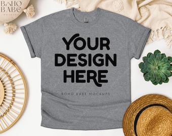 Gildan 5000 GRAPHITE HEATHER Mockup, Gildan 5000 Flat Lay Tshirt Mock ups, Boho Flat Lay Shirt Mock, Gildan Heavy Cotton Unisex Tee Flatlay