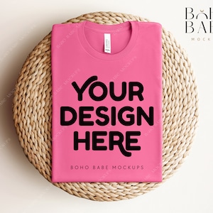 CHARITY PINK Bella Canvas 3001 Folded Mockup, Boho Flat Lay Tshirt Mock-up, Bella and Canvas Folded T-shirt Flatlay Mockup, POD Tee Photo