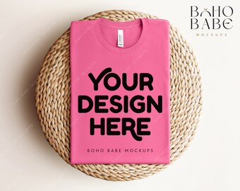 CHARITY PINK Bella Canvas 3001 Folded Mockup, Boho Flat Lay Tshirt Mock-up, Bella and Canvas Folded T-shirt Flatlay Mockup, POD Tee Photo
