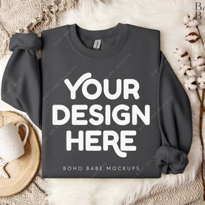 CHARCOAL Gildan 18000 Mockup | G18000 Grey Sweatshirt Mockup, Crewneck Folded Flat Lay, Boho Christmas Mock, POD Digital Template Real Photo