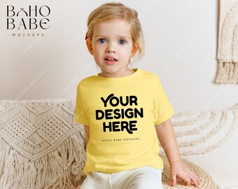 3001T YELLOW Bella Canvas 3001T Mockup | Kids Model Mockup, Toddler Tshirt Mock, Children Tee Flatlay, Girl Shirt Photo, POD Boho Flat Lay