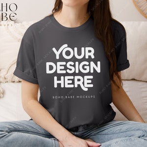 CHARCOAL Gildan 64000 Model Mockup, Boho Lifestyle Woman Mock-up, Softstyle Tshirt Female Model Mock, POD Real Product, Photo Template