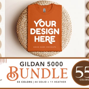 May include: A bundle of 55 Gildan 5000 t-shirts in a variety of colours. The t-shirts are displayed on a woven mat with the text "Your Design Here" and "Boho Babe Mockups".