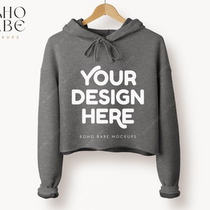 7502 DEEP HEATHER Cropped Hoodie Mockup, Bella Canvas 7502 Mockup, Women&#39;s Cropped Fleece Hoodie, POD Boho Minimalistic Simple Mocks