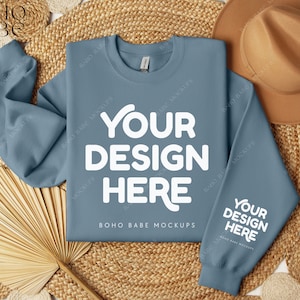 STONE BLUE Gildan 18000 Sleeve Sweatshirt Mockup | Cuff Print Mockup, Pocket Design Mock, Folded Crewneck Sweater Photo, POD Boho Flat Lay
