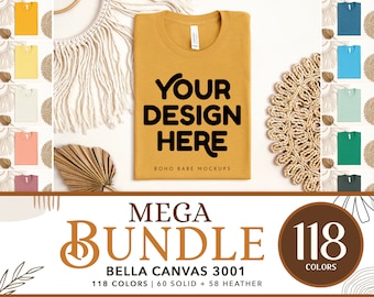 Bella Canvas 3001 Mockup Bundle | 118 Colors Boho Folded Tshirt Mockup Bundle, Real Flat Lay Tshirt Mockups, POD Flatlay Mocks