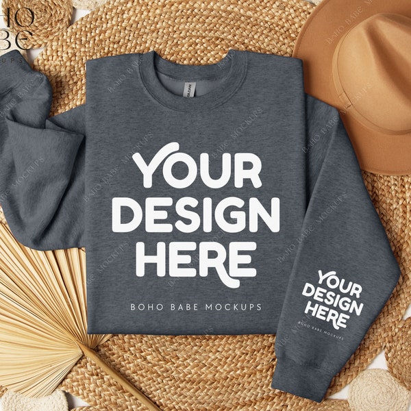 DARK HEATHER Gildan 18000 Sleeve Sweatshirt Mockup | Cuff Print Mock up, Pocket Design Mock, Folded Crewneck Sweater Photo, PoD Boho Flatlay