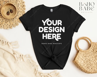 BLACK Gildan 64000 Mockup, Gildan Softstyle Tshirt Mockup, Boho Flat Lay Tshirt Mockup, Gildan Soft Style Shirt Flatlay