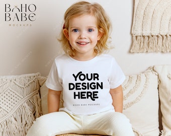3001T WEISS Bella Canvas 3001T Mockup | Kindermodell Mockup, Kleinkind T-Shirt Mock, Kinder T-Shirt Flatlay, Mädchen Shirt Foto, POD Boho Flat Lay