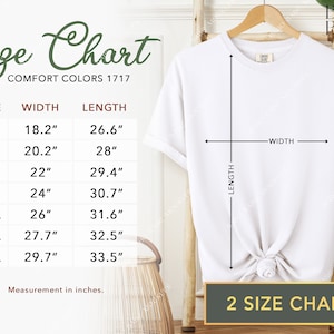 May include: Size chart for t-shirts with measurements in inches. The chart shows the width and length of the shirts in sizes S, M, L, XL, 2XL, 3XL, and 4XL. The text "COMFORT COLORS 1717" is also visible.