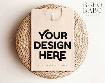 SOFT CREAM Bella Canvas 3001 gefaltetes Mockup, Boho Flat Lay Tshirt Mock-up, Bella und Canvas gefaltetes T-Shirt Flatlay Mockup, POD Tee Foto
