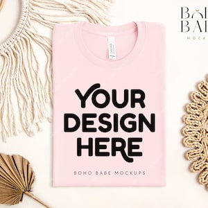 SOFT PINK Bella Canvas 3001 Folded Mockup, Boho Flat Lay Tshirt Mock-up, Bella and Canvas Folded T-shirt Flatlay Mockup, POD Tee Photo