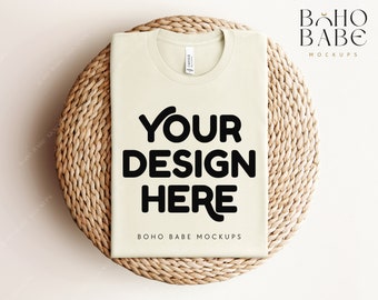 NATURAL Bella Canvas 3001 Folded Mockup, Boho Flat Lay Tshirt Mock-up, Bella and Canvas Folded T-shirt Flatlay Mockup, POD Tee Photo