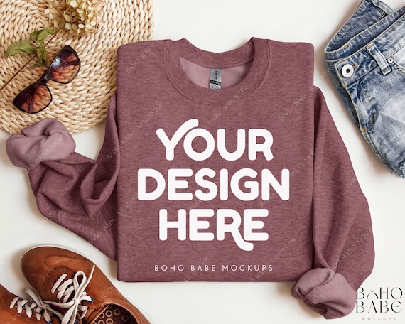 Gildan 18000 Mockup Folded Heather Sport Dark Maroon Boho Flat Lay