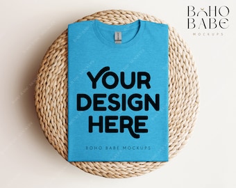 Gildan 64000 Mockup HEATHER SAPPHIRE | Gildan Softstyle T-shirt Mock up, Boho Folded Shirt Flat Lay, Real Photography Mockups, POD Template