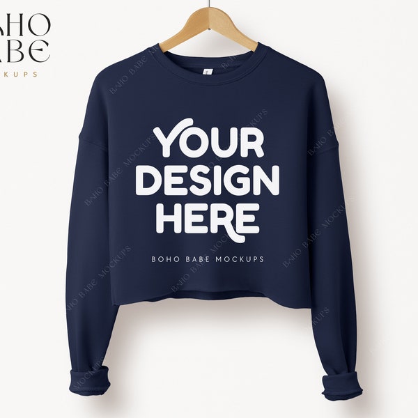 7503 NAVY Cropped Sweatshirt Mockup, Bella Canvas 7503 Mockup, Cropped Sweater Minimalistic Mock, Women's Cropped Crew Fleece Sweater POD