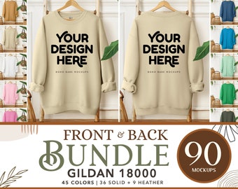 Gildan 18000 mockupbundel | Gildan 18000 voor- en achterkant bundel, hangende ronde hals achterkant mock ups, Boho stijl sweatshirt mocks POD