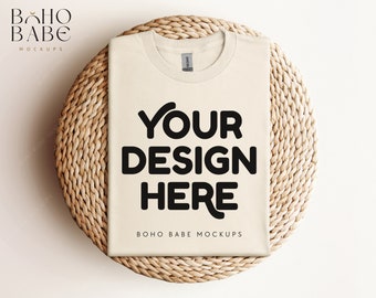 NATURAL Gildan 5000 Mockup, Gildan 5000 Folded Tshirt Mock ups, Boho Flat Lay shirt Mockup, Gildan Heavy Cotton Folded Shirt Flatlay