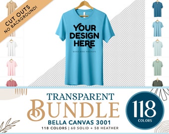 Bella Canvas 3001 Mockup Bundle | Bella and Canvas Hanging T-shirt Mockup Bundle, POD Cutout Shirt on Hanger, SVG Transparent Background