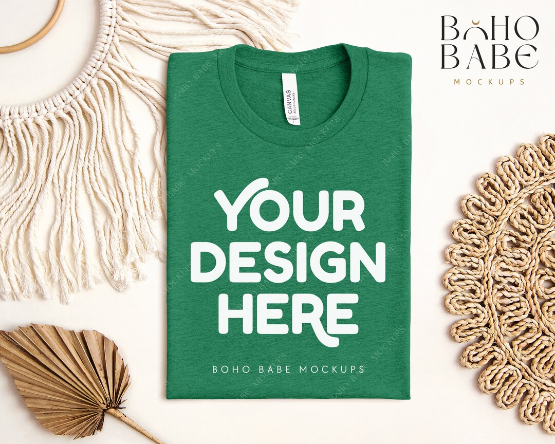 HEATHER GRASS GREEN Bella Canvas 3001 Cvc Folded Mockup, Boho Flat Lay ...