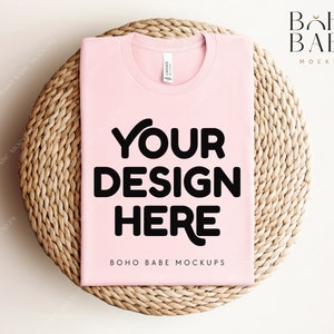 SOFT PINK Bella Canvas 3001 Folded Mockup, Boho Flat Lay Tshirt Mock-up, Bella and Canvas Folded T-shirt Flatlay Mockup, POD Tee Photo