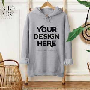 Gildan 18500 Sport Grey Hoodie Mockup | Hanging Gildan Hoodie Mockup, Boho Hoodie Mock, Sport Grey Hanging Hoodie Mockup, Hoodie Flat Lay