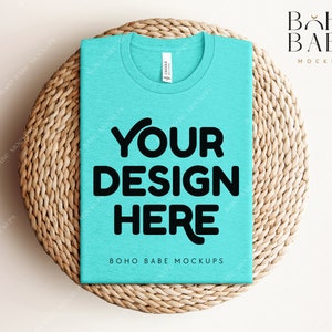 HEATHER SEA GREEN Bella Canvas 3001 cvc Folded Mockup, Boho Flat Lay Tshirt Mock-up, Bella Canvas Folded Flatlay Mockup, Pod T-shirt Mockup