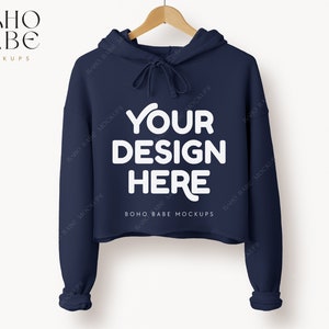 7502 NAVY Cropped Hoodie Mockup, Bella Canvas 7502 Mockup, Women&#39;s Cropped Fleece Hoodie, POD Boho Minimalistic Simple Mocks