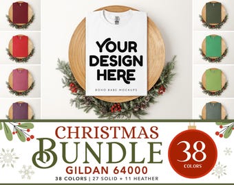 Gildan 64000 Christmas Mockup Bundle | G64000 Softstyle Boho Folded Tshirt, POD Tee Xmas Flatlay, Real Stock Photo, Digital Template Svg