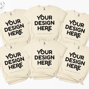 Puede incluir: Seis camisetas beige con el texto "YOUR DESIGN HERE" y "BOHO BABE MOCKUPS" impreso en cada camiseta.